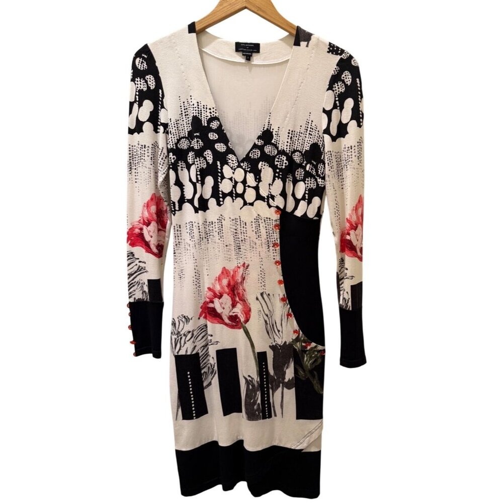 E.F.L. Apparel Womens Floral Abstract Print Dress With Red Button Accents Size S